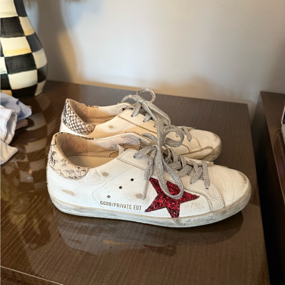 Golden Goose Kids Sneakers with Red Star and Snakeskin Detail